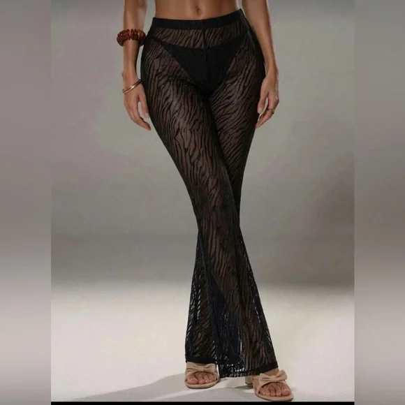 New High Waist Black Sheer Mesh Swimsuit cover Up Zebra Print Pants size M/L - Picture 6 of 7